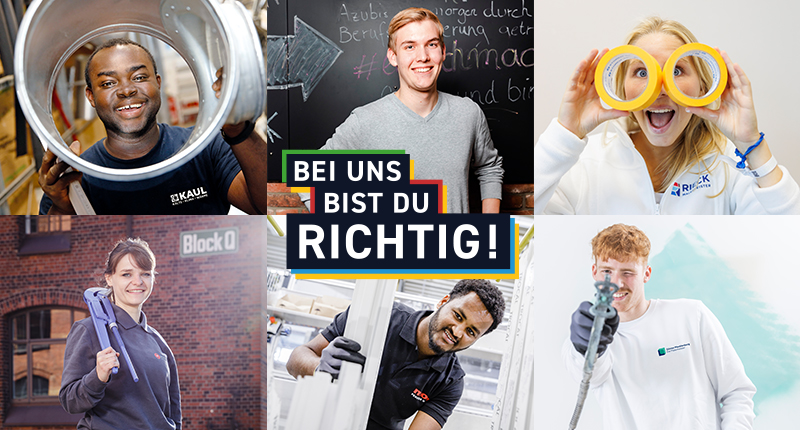Collage mit sechs Bildern von Auszubildenden im Handwerk mit der Aufschrift "Bei uns bist du richtig!", Ausbildungsplätze Elektriker Bremen